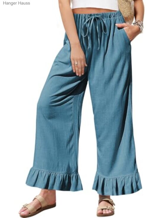Pants - Women's Linen Wide Leg Pants Drawstring Ruffle Hem Trousers Casual Palazzo